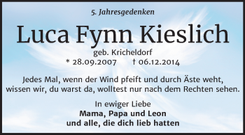 Traueranzeige von Luca Fynn Kieslich von Super Sonntag Dessau-Roßlau