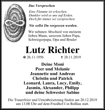 Traueranzeige von Lutz Richter von Super Sonntag Dessau-Roßlau