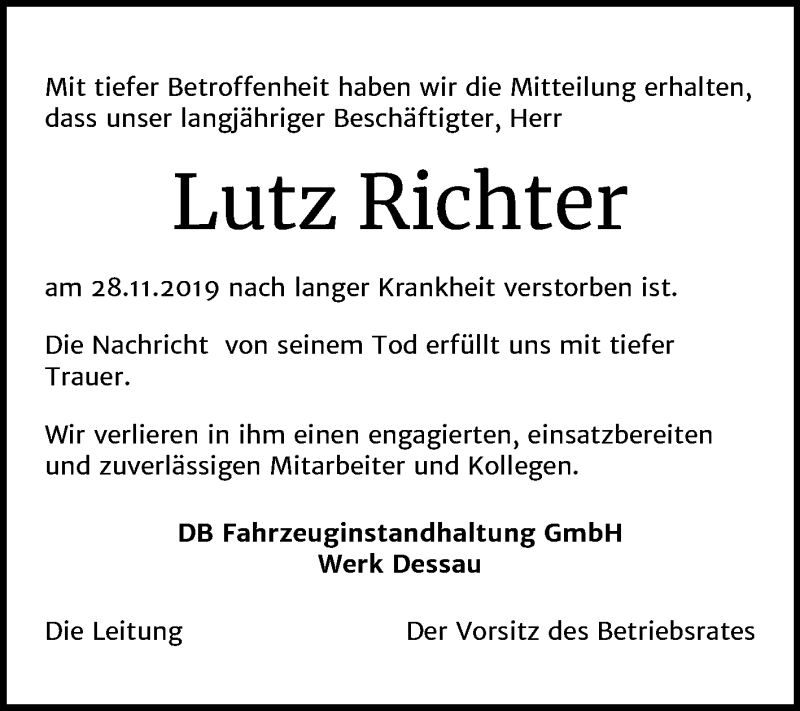  Traueranzeige für Lutz Richter vom 11.12.2019 aus Mitteldeutsche Zeitung Dessau-Roßlau