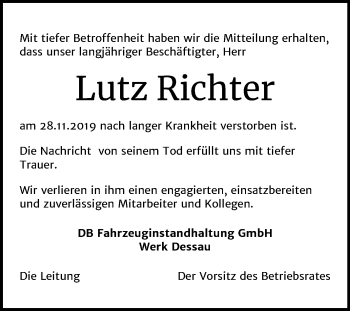 Traueranzeige von Lutz Richter von Mitteldeutsche Zeitung Dessau-Roßlau