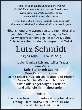 Traueranzeige von Lutz Schmidt von Wochenspiegel Naumburg/Nebra