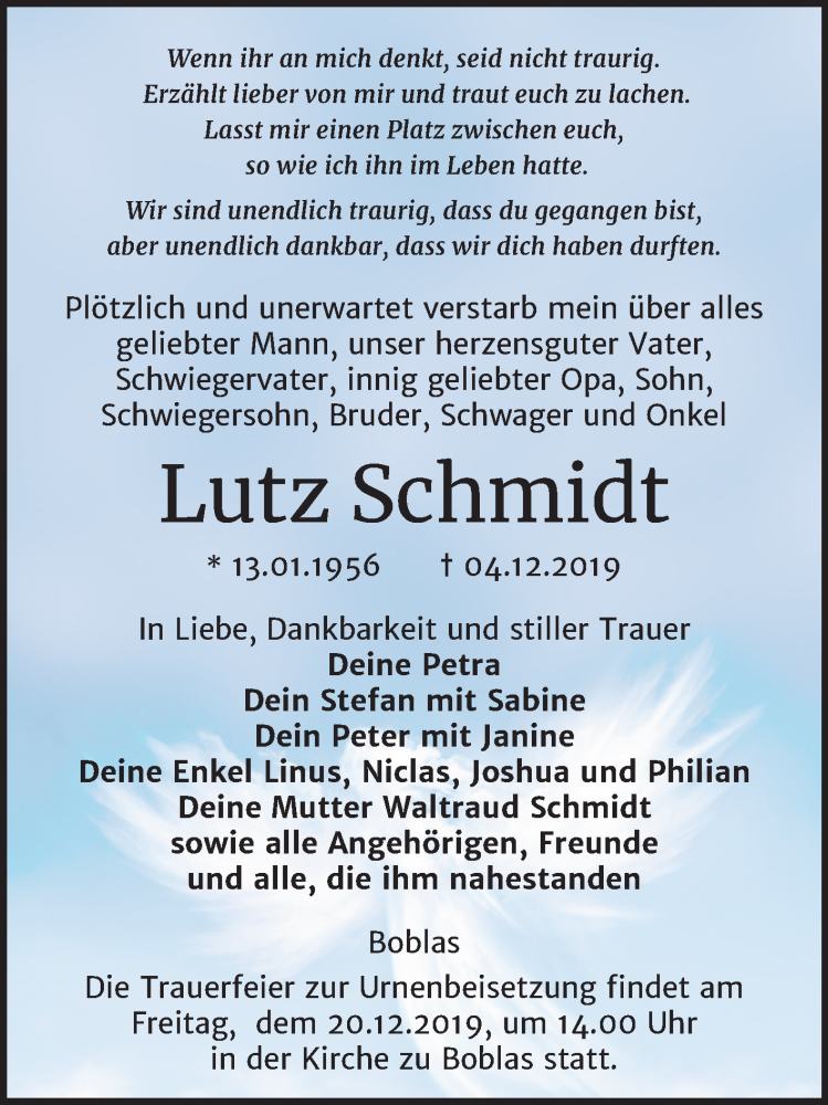  Traueranzeige für Lutz Schmidt vom 11.12.2019 aus Wochenspiegel Naumburg/Nebra