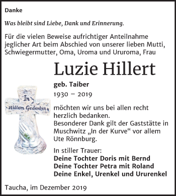 Traueranzeige von Luzie Hillert von Mitteldeutsche Zeitung Weißenfels