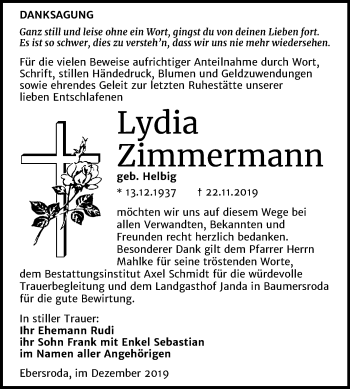 Traueranzeige von Lydia Zimmermann von Mitteldeutsche Zeitung Naumburg/Nebra