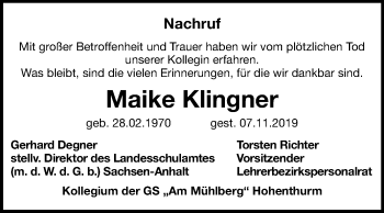 Traueranzeige von Maike Klingner von Mitteldeutsche Zeitung Halle/Saalkreis