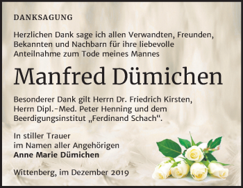 Traueranzeige von Manfred Dümichen von Mitteldeutsche Zeitung Wittenberg