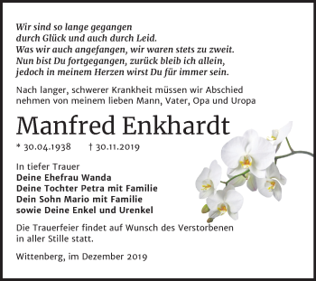 Traueranzeige von Manfred Enkhardt von Mitteldeutsche Zeitung Wittenberg