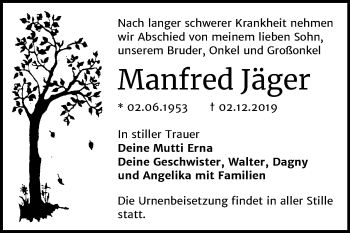 Traueranzeige von Manfred Jäger von Super Sonntag Wittenberg