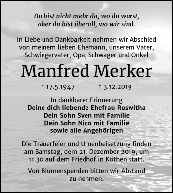 Traueranzeige von Manfred Merker von Mitteldeutsche Zeitung Köthen