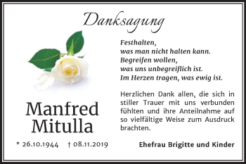 Traueranzeige von Manfred Mitulla von Super Sonntag Merseburg/Querfurt