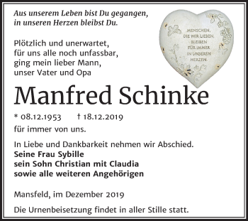 Traueranzeige von Manfred Schinke von Mitteldeutsche Zeitung Mansfelder Land