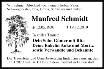 Traueranzeige von Manfred Schmidt von Super Sonntag Wittenberg