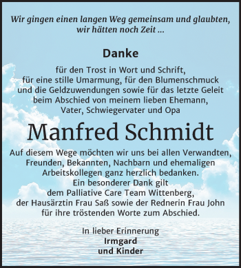 Traueranzeige von Manfred Schmidt von Mitteldeutsche Zeitung Wittenberg