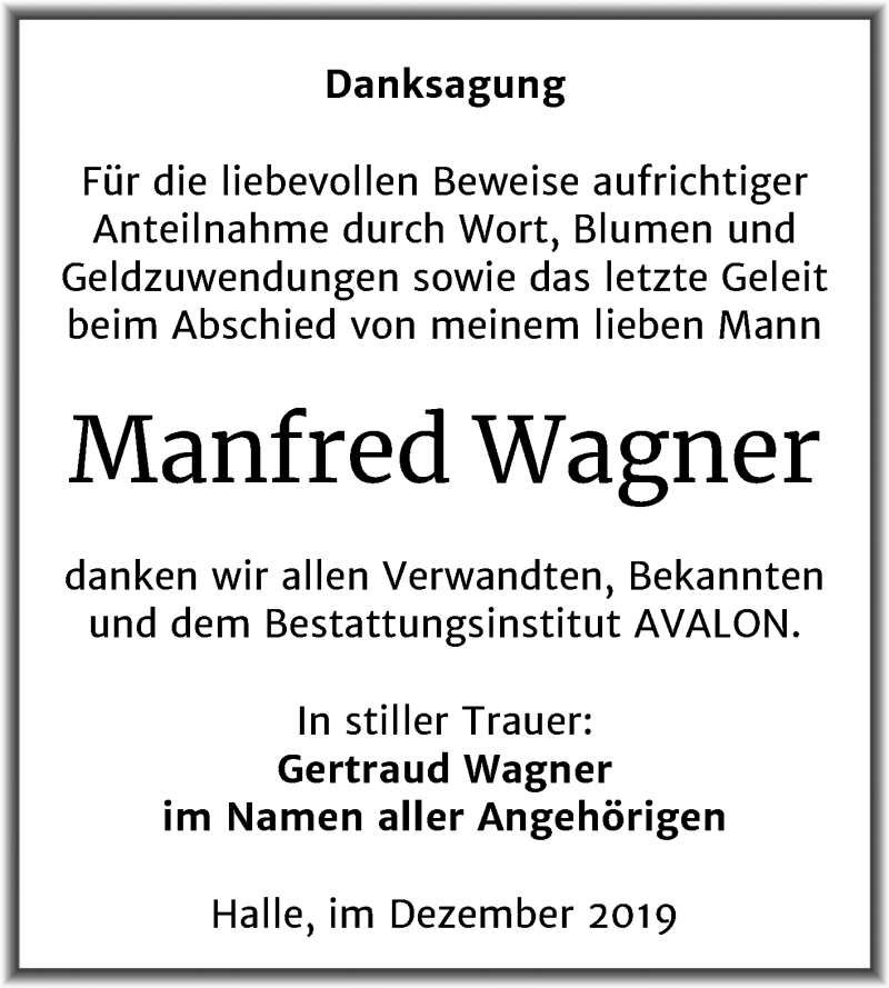  Traueranzeige für Manfred Wagner vom 07.12.2019 aus Mitteldeutsche Zeitung Halle/Saalkreis