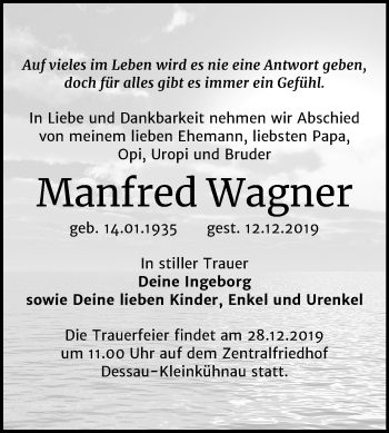 Traueranzeige von Manfred Wagner von Mitteldeutsche Zeitung Dessau-Roßlau