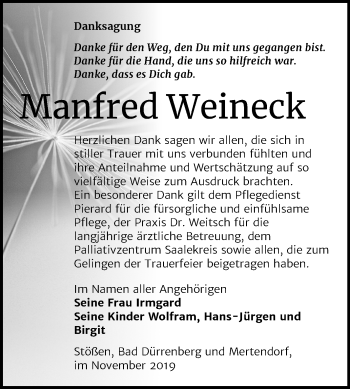 Traueranzeige von Manfred Weineck von Wochenspiegel Naumburg/Nebra