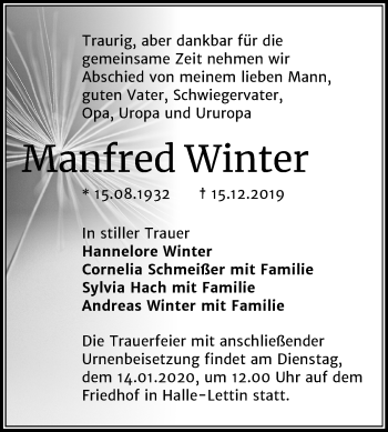 Traueranzeige von Manfred Winter von Mitteldeutsche Zeitung Halle/Saalkreis