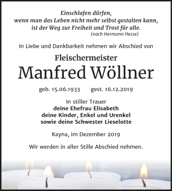 Traueranzeige von Manfred Wöllner von Super Sonntag Zeitz