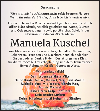 Traueranzeige von Manuela Kuschel von Wochenspiegel Weißenfels