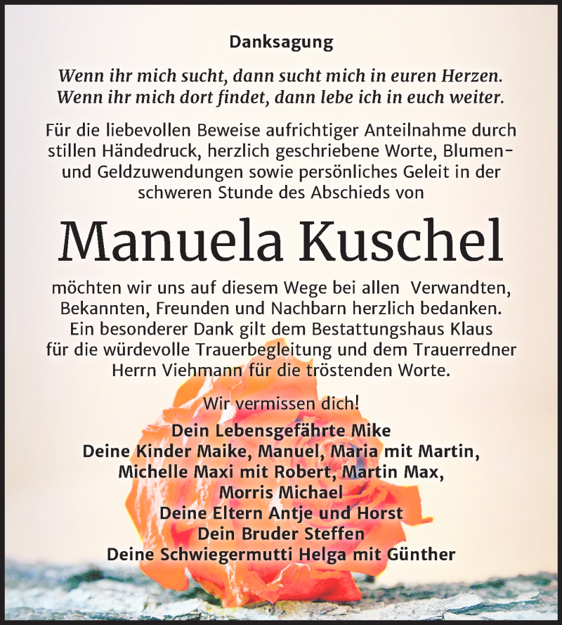  Traueranzeige für Manuela Kuschel vom 04.12.2019 aus Wochenspiegel Weißenfels