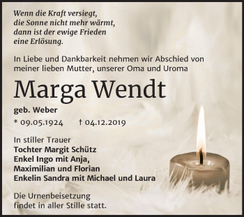 Traueranzeige von Marga Wendt von Mitteldeutsche Zeitung Wittenberg