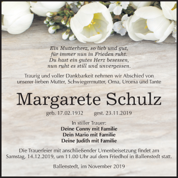 Traueranzeige von Margarete Schulz von Super Sonntag Quedlinburg