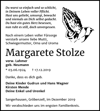 Traueranzeige von Margarete Stolze von Super Sonntag Sangerhausen