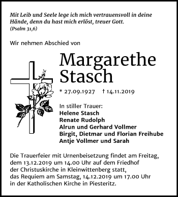 Traueranzeige von Margarethe Stasch von Mitteldeutsche Zeitung Wittenberg