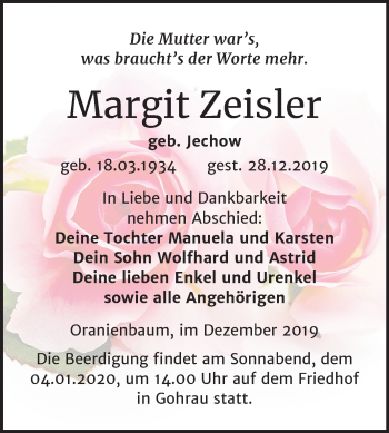 Traueranzeige von Margit Zeisler von Mitteldeutsche Zeitung Wittenberg