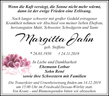 Traueranzeige von Margitta Jahn von Super Sonntag Dessau-Roßlau