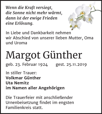 Traueranzeige von Margot Günther von Mitteldeutsche Zeitung Halle/Saalkreis