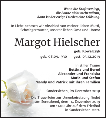 Traueranzeige von Margot Hielscher von Mitteldeutsche Zeitung Mansfelder Land