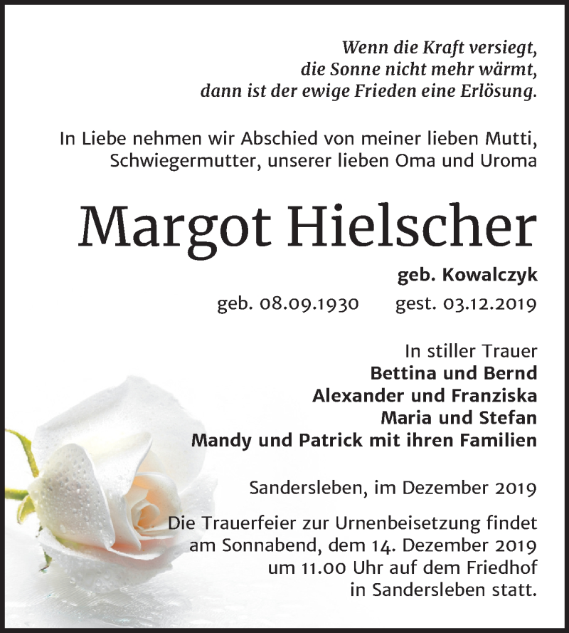  Traueranzeige für Margot Hielscher vom 07.12.2019 aus Mitteldeutsche Zeitung Mansfelder Land