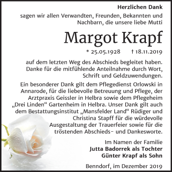 Traueranzeige von Margot Krapf von Wochenspiegel Mansfelder Land