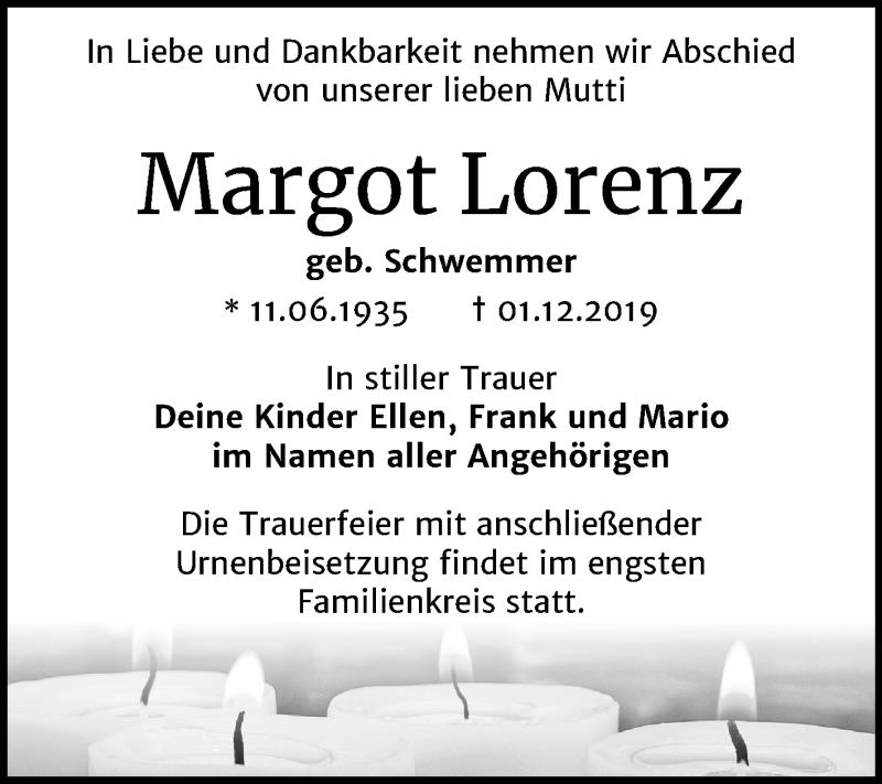  Traueranzeige für Margot Lorenz vom 07.12.2019 aus Super Sonntag Wittenberg