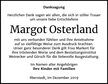 Traueranzeige von Margot Osterland von Super Sonntag Bernburg