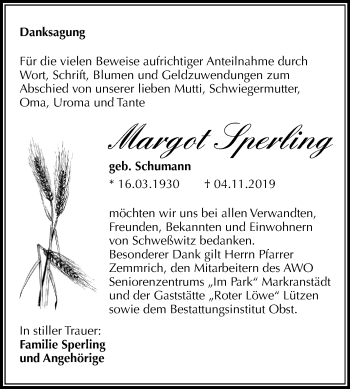 Traueranzeige von Margot Sperling von Wochenspiegel Weißenfels