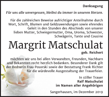 Traueranzeige von Margrit Matschulat von Super Sonntag Sangerhausen