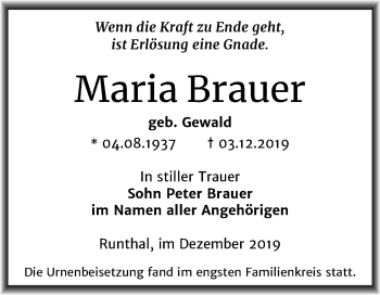 Traueranzeige von Maria Brauer von Wochenspiegel Weißenfels