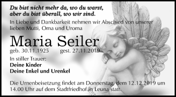Traueranzeige von Maria Seiler von Wochenspiegel Mansfelder Land