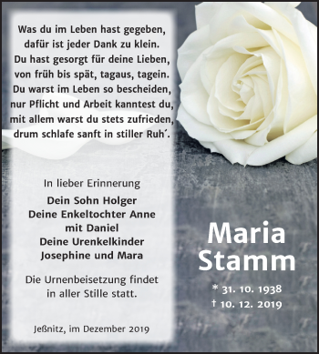 Traueranzeige von Maria Stamm von Mitteldeutsche Zeitung Bitterfeld