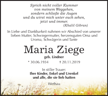 Traueranzeige von Maria Ziege von Wochenspiegel Naumburg/Nebra