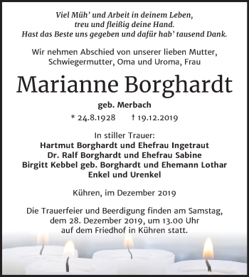 Traueranzeige von Marianne Borghardt von Mitteldeutsche Zeitung Köthen