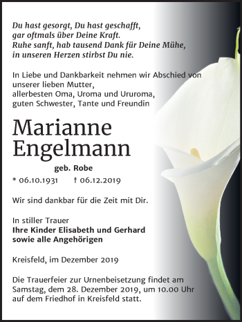 Traueranzeige von Marianne Engelmann von Super Sonntag Mansfelder Land