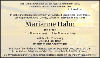 Traueranzeige von Marianne Hahn von Mitteldeutsche Zeitung Halle/Saalkreis