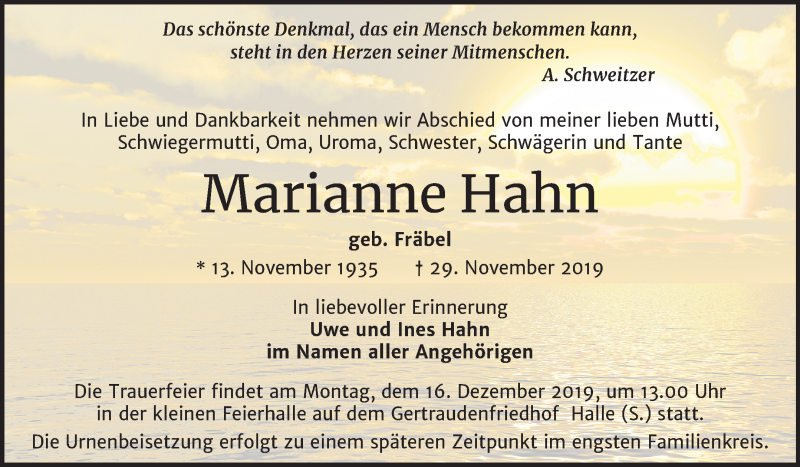  Traueranzeige für Marianne Hahn vom 07.12.2019 aus Mitteldeutsche Zeitung Halle/Saalkreis