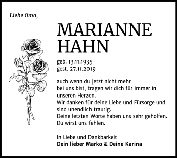 Traueranzeige von Marianne Hahn von Mitteldeutsche Zeitung Halle/Saalkreis