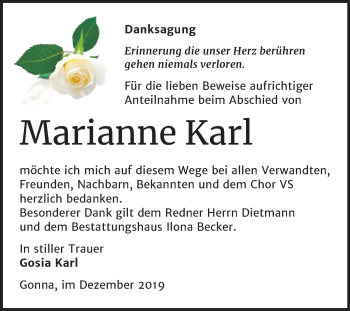 Traueranzeige von Marianne Karl von Mitteldeutsche Zeitung Sangerhausen