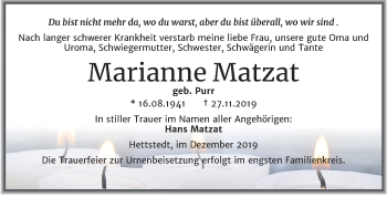 Traueranzeige von Marianne Matzat von Wochenspiegel Mansfelder Land