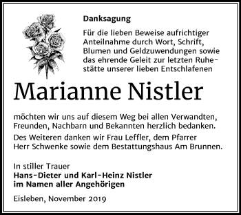 Traueranzeige von Marianne Nistler von Wochenspiegel Mansfelder Land